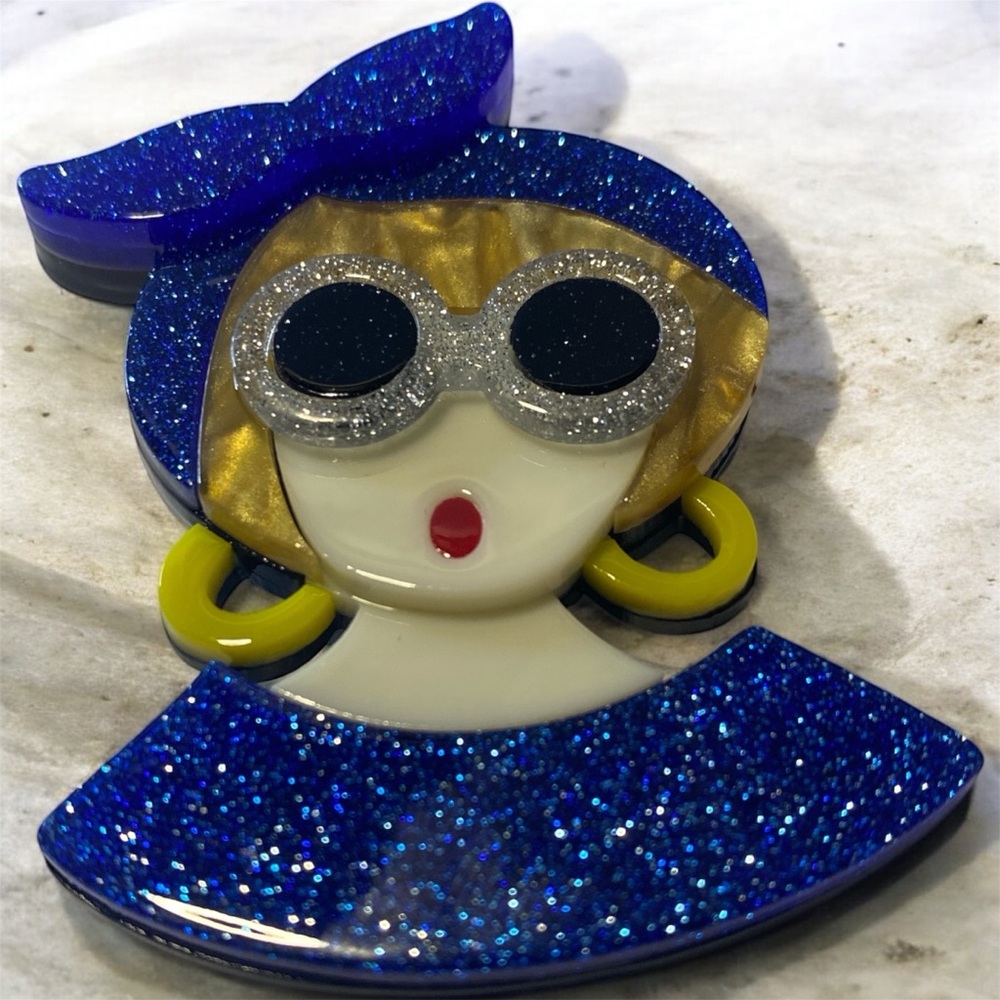 3D Acrylic Sparkling Blue and Yellow lady Brooch